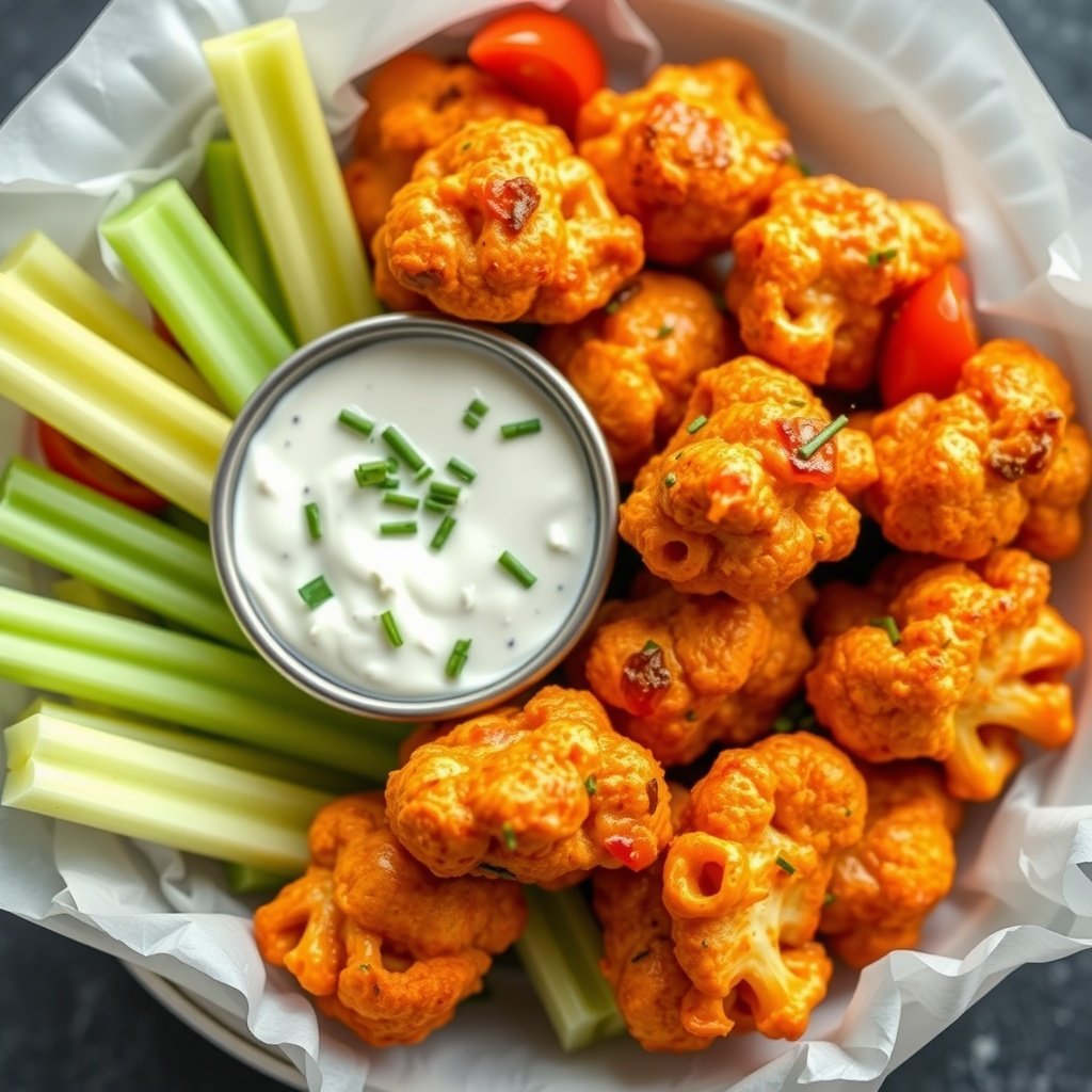Buffalo Cauliflower Bites with Celery Sticks and Dipping Sauce