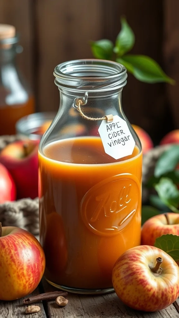Bottle of homemade apple cider vinegar sauce surrounded by apples and spices.