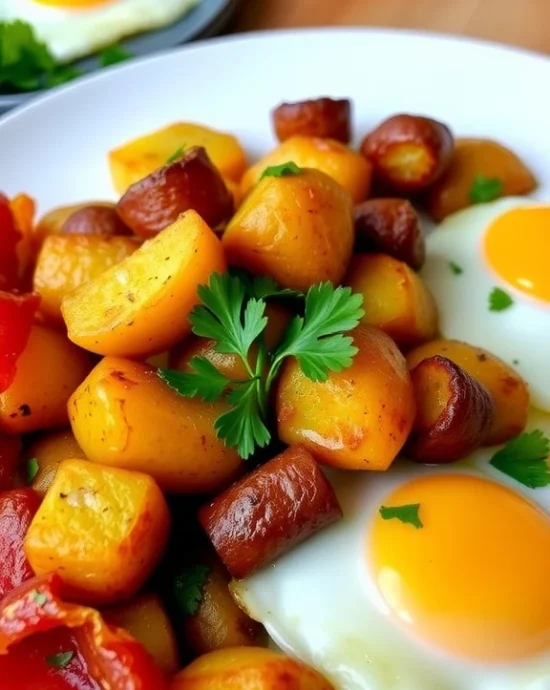 Breakfast potato recipe with eggs, sausages and bacon on a plate