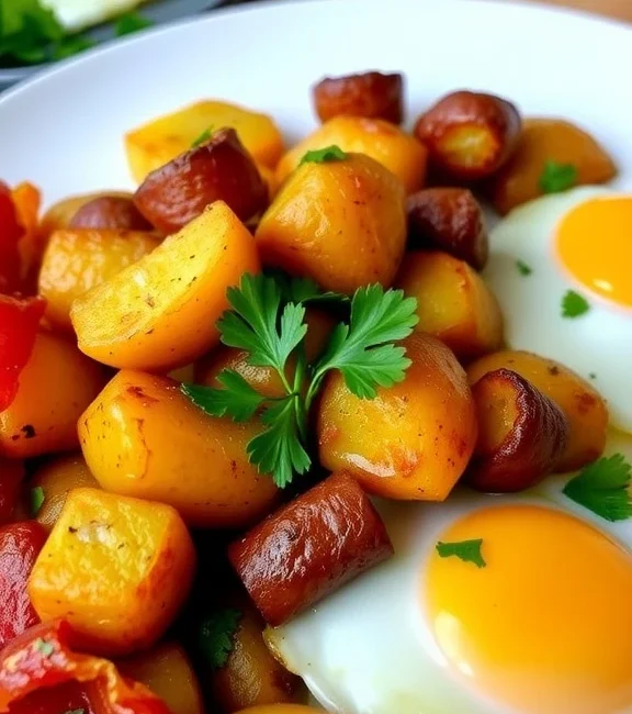 Breakfast potato recipe with eggs, sausages and bacon on a plate