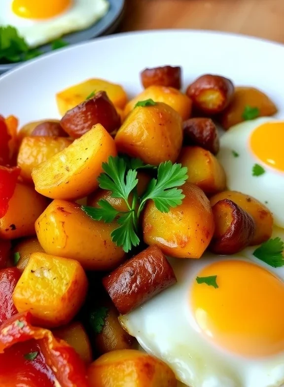 Breakfast potato recipe with eggs, sausages and bacon on a plate