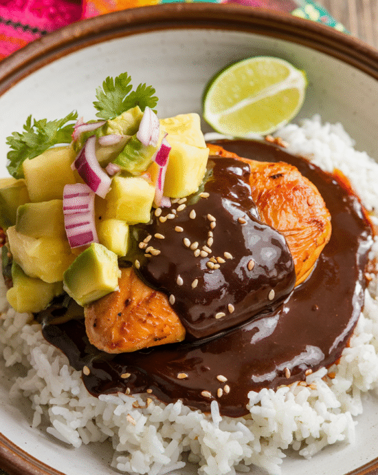 Chicken mole recipe with pineapple and avocado salsa