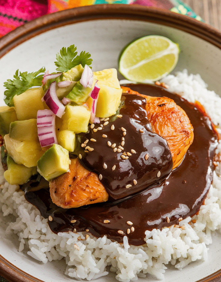 Chicken mole recipe with pineapple and avocado salsa