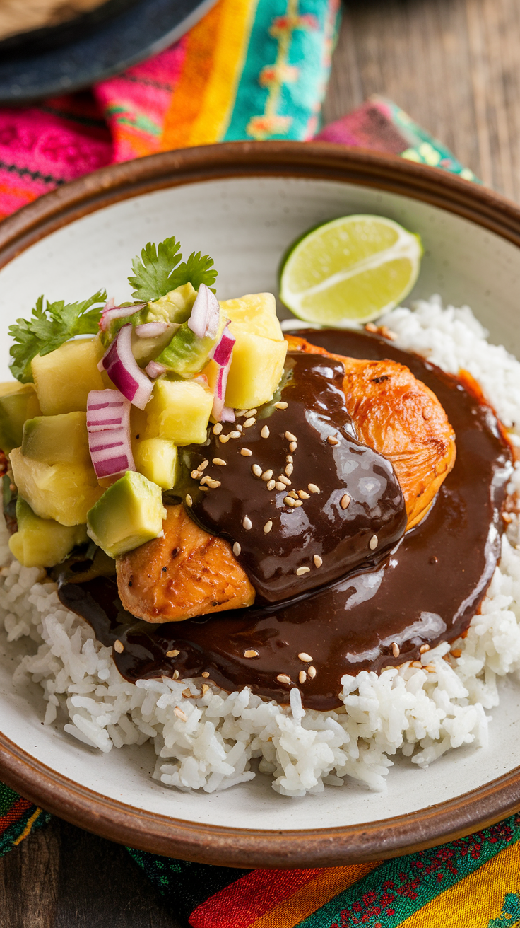 Chicken mole recipe with pineapple and avocado salsa