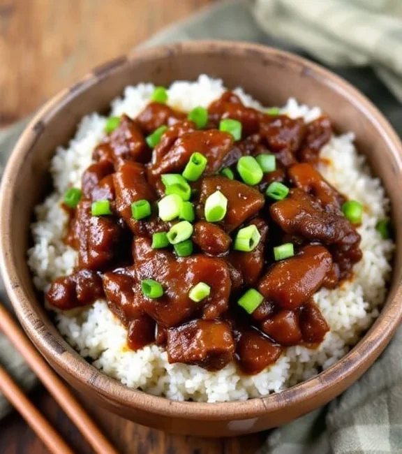 Mongolian Beef with rice on a bowl.
