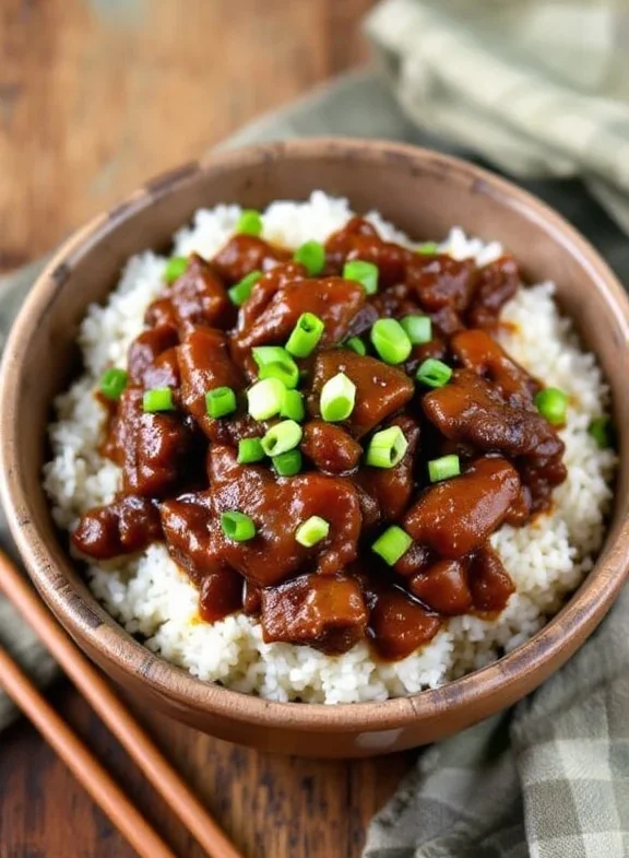 Mongolian Beef with rice on a bowl.