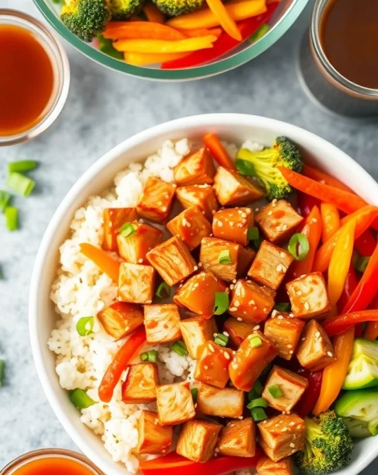 Gochujang Chicken with vegetables and rice.