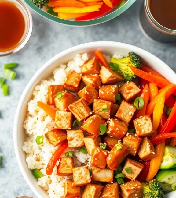 Gochujang Chicken with vegetables and rice.