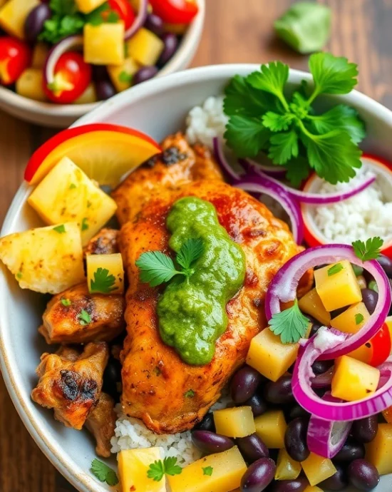 jerk chicken bowl with pineappple black bean salsa