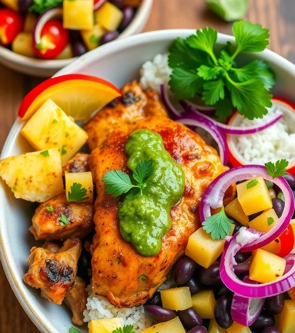 jerk chicken bowl with pineappple black bean salsa