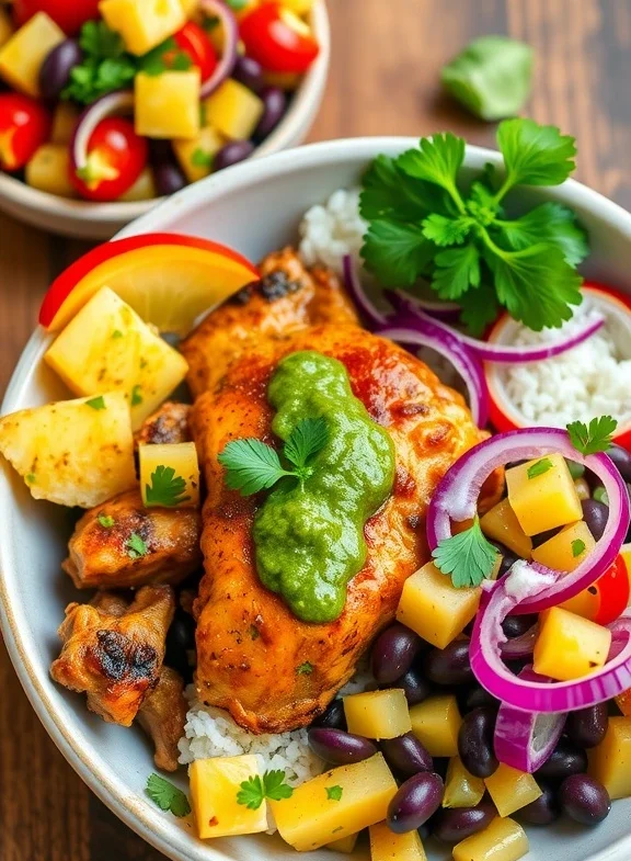 jerk chicken bowl with pineappple black bean salsa