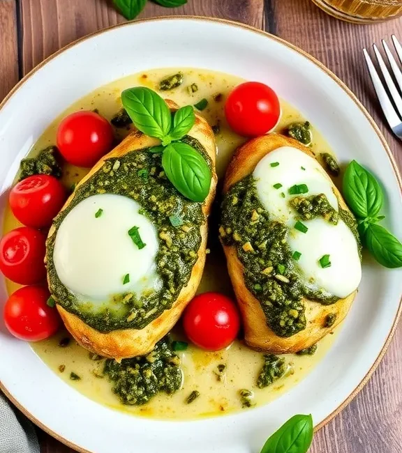 Simple Slow Cooked Pesto Chicken on a white plate.