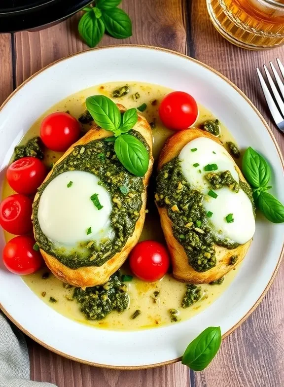 Simple Slow Cooked Pesto Chicken on a white plate.