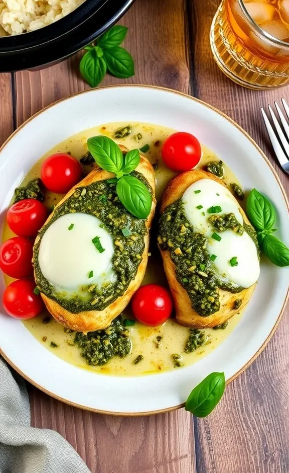 Simple Slow Cooked Pesto Chicken on a white plate.