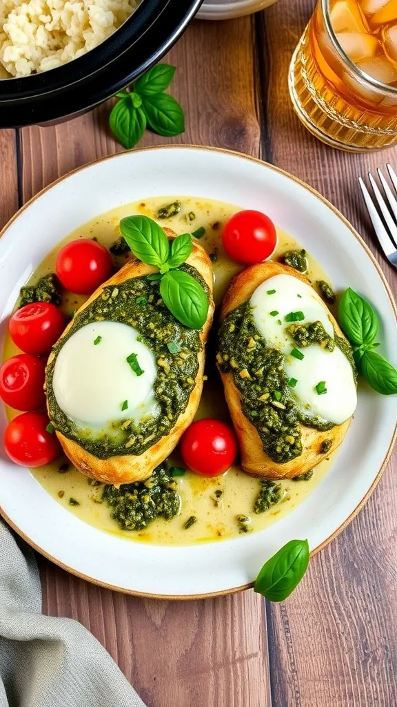 Simple Slow Cooked Pesto Chicken on a white plate.