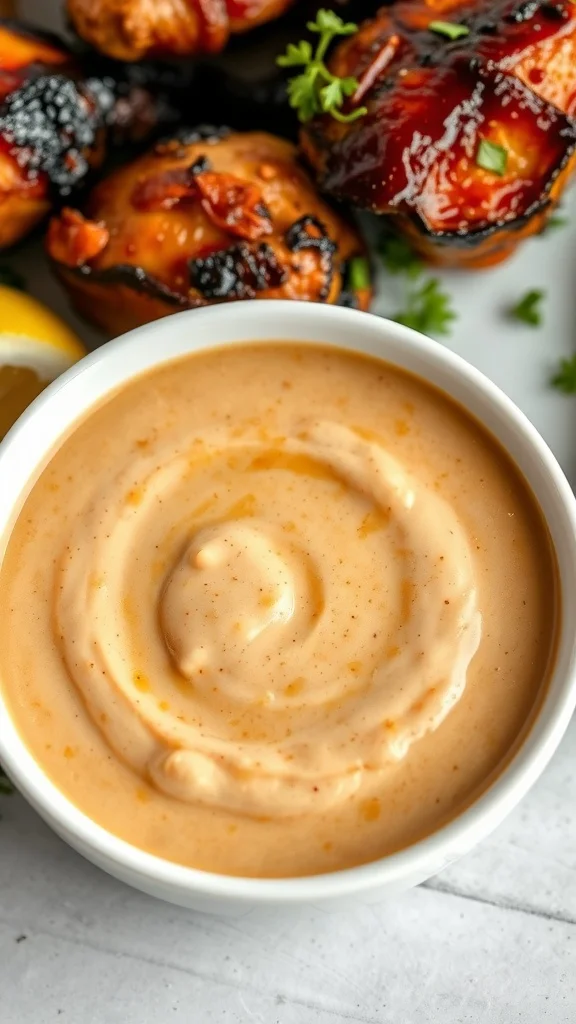 A bowl of creamy Alabama White sauce with a swirl design on top, surrounded by grilled meats and garnished with herbs.