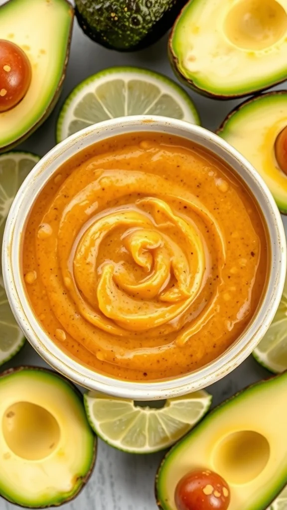A creamy avocado lime BBQ sauce in a bowl, surrounded by fresh avocados and lime slices.