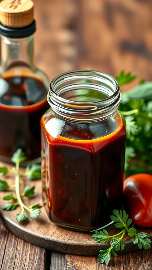 Balsamic BBQ Sauce in a jar surrounded by fresh herbs and tomatoes