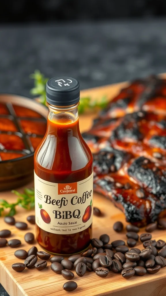 A bottle of Beefy Coffee BBQ Sauce with coffee beans and grilled meat