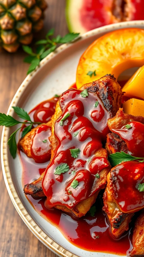 Delicious Caribbean Jerk BBQ Sauce drizzled over grilled chicken with tropical fruits.