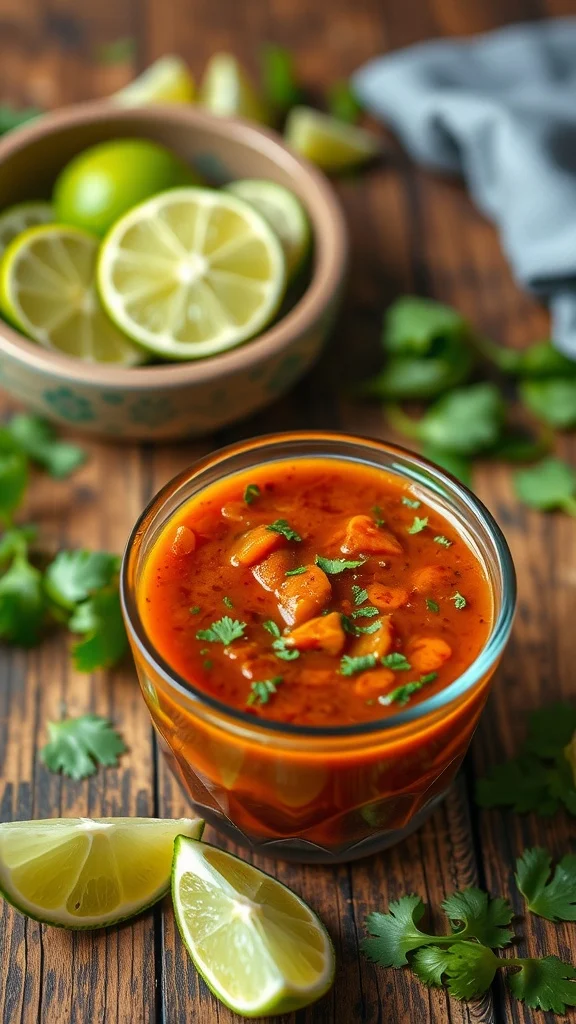 A bowl of vibrant cilantro lime sauce surrounded by lime wedges and fresh cilantro.