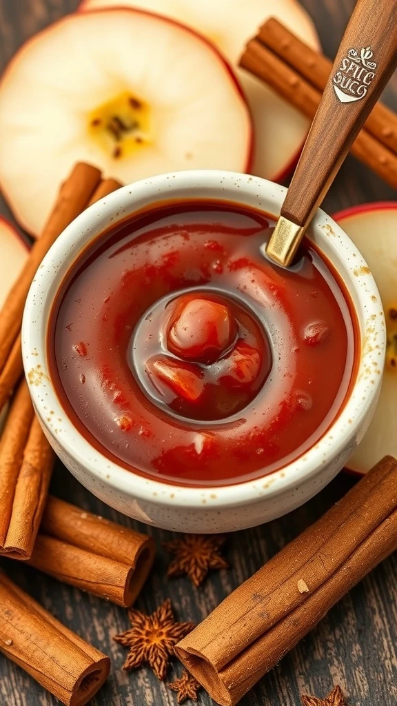 Cinnamon Spice BBQ sauce in a bowl surrounded by cinnamon sticks and apple slices.