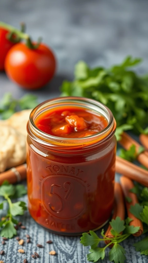 Classic tomato-based sauce in a jar surrounded by fresh ingredients.