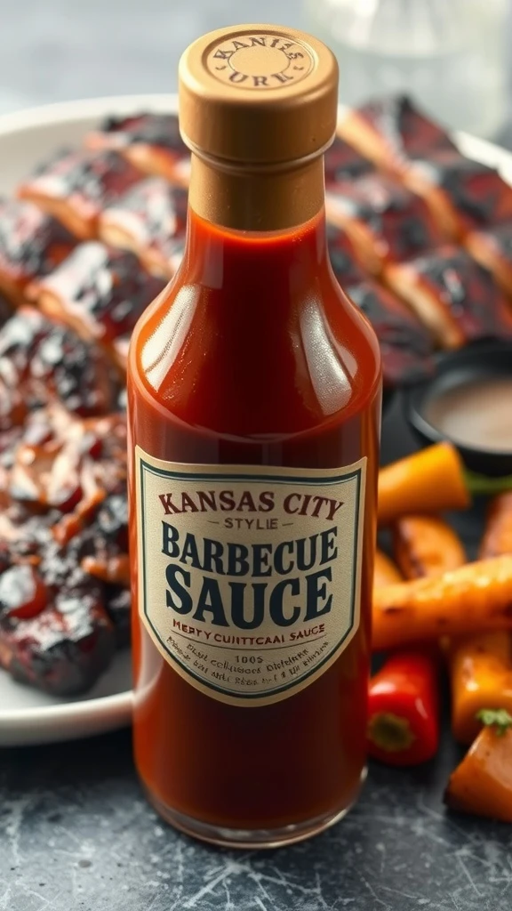 Bottle of Kansas City Style BBQ sauce with a plate of ribs and vegetables in the background.