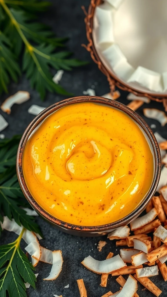 A vibrant bowl of creamy coconut curry BBQ sauce surrounded by coconut flakes and leaves.