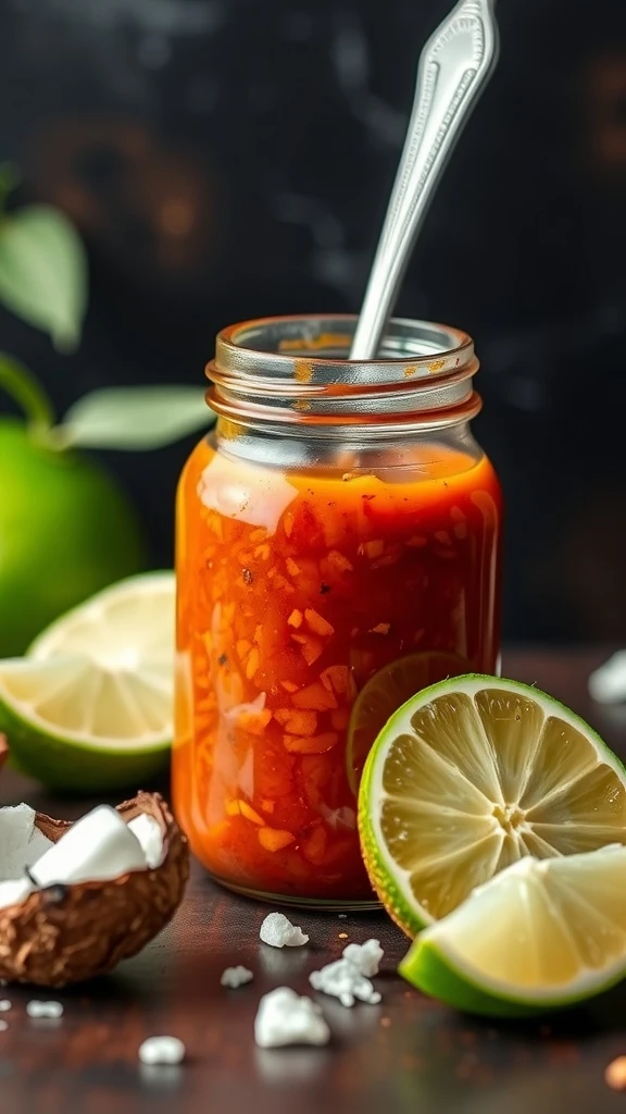 A jar of coconut lime BBQ sauce surrounded by lime slices and coconut shells.