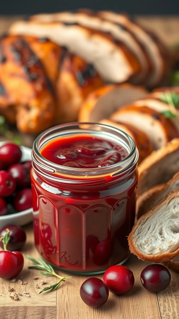 A jar of cranberry BBQ sauce with cranberries and grilled chicken in the background.