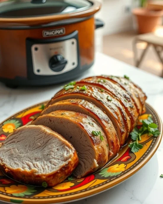 frozen pork loin in crock pot on a plate