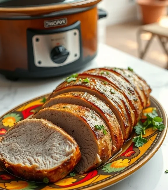 frozen pork loin in crock pot on a plate