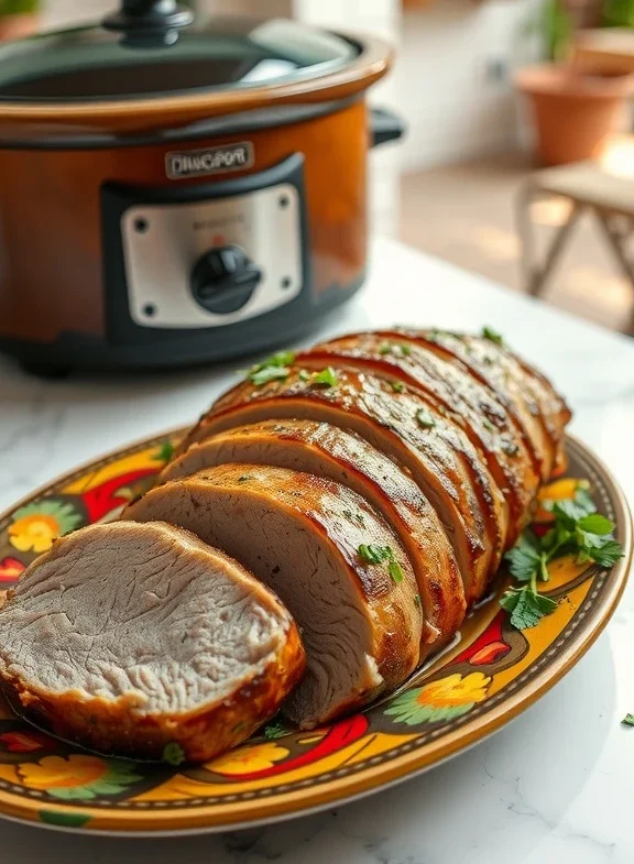 frozen pork loin in crock pot on a plate
