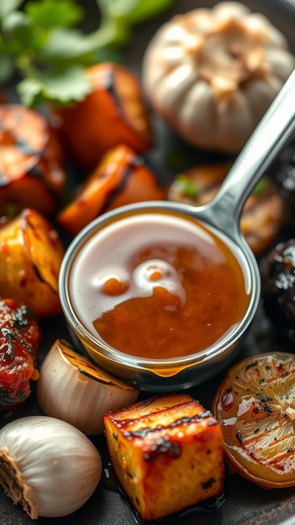 A bowl of garlic honey sauce surrounded by grilled vegetables.
