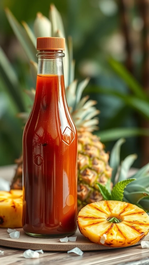 A bottle of homemade Hawaiian BBQ sauce surrounded by pineapple slices.