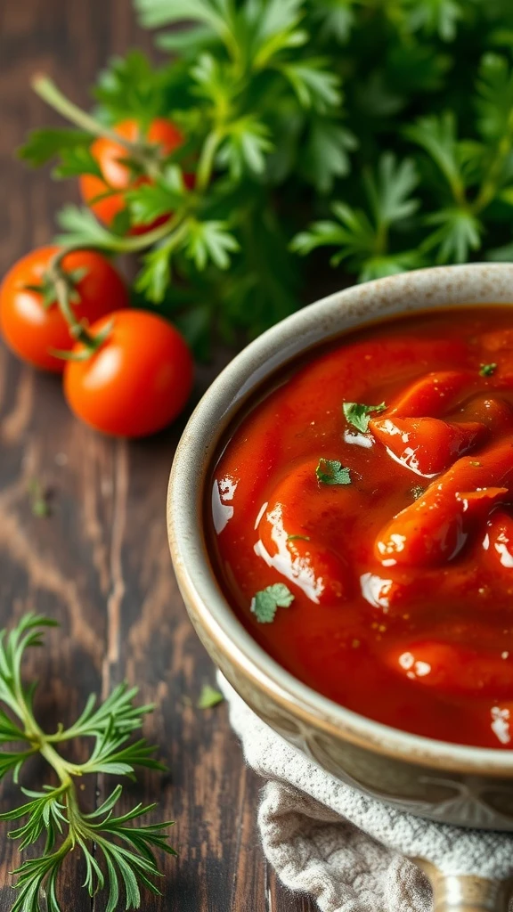 herbed tomato BBQ sauce in a bowl with fresh herbs and tomatoes nearby.