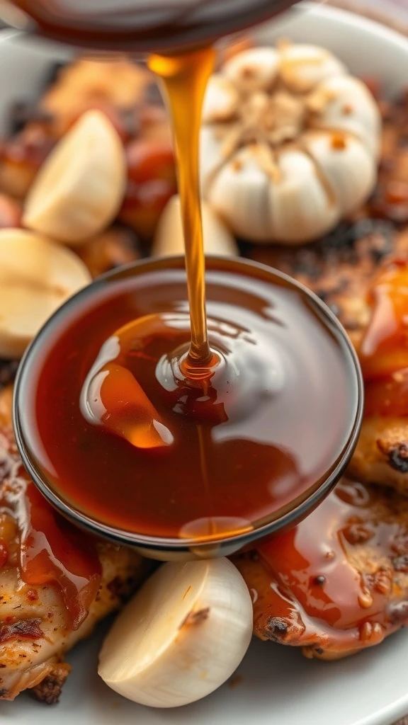 A bowl of honey garlic BBQ sauce being poured over grilled chicken and garlic cloves.