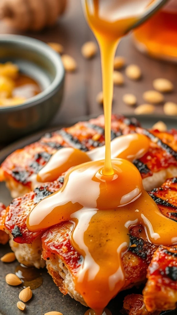 A drizzle of honey mustard syrup over grilled chicken.