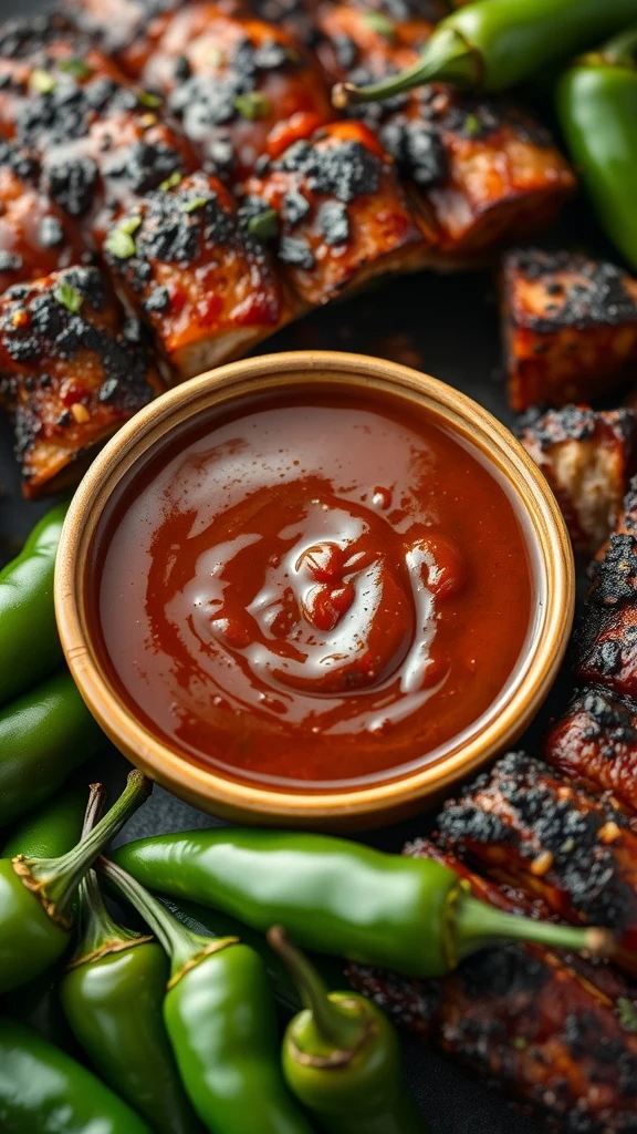jalapeño BBQ sauce with jalapeños and grilled meat.
