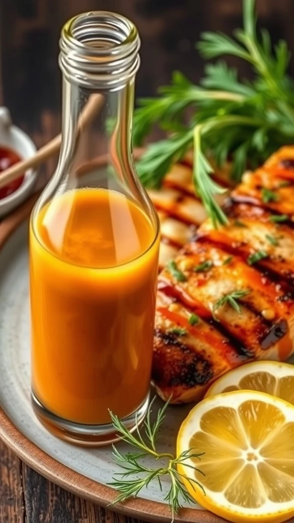 A small bottle of orange lemon dill BBQ sauce beside grilled chicken and lemon wedges.