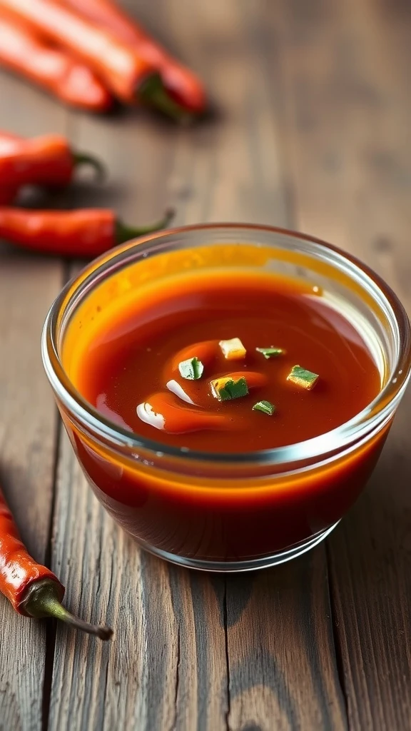 A bowl of Maple Chipotle Sauce with a spoon and chili peppers