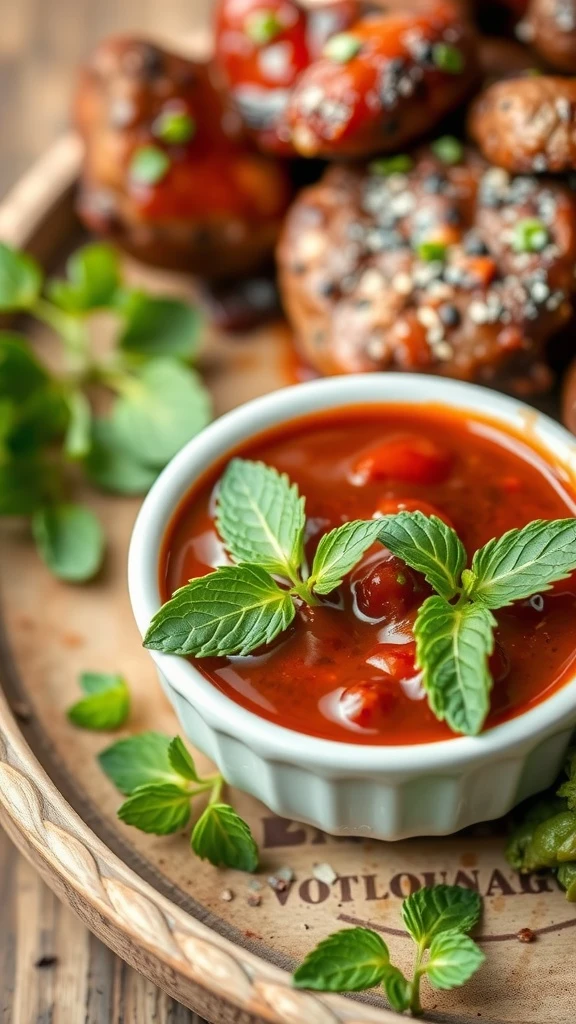 A bowl of minted BBQ sauce garnished with mint leaves, served with grilled items.