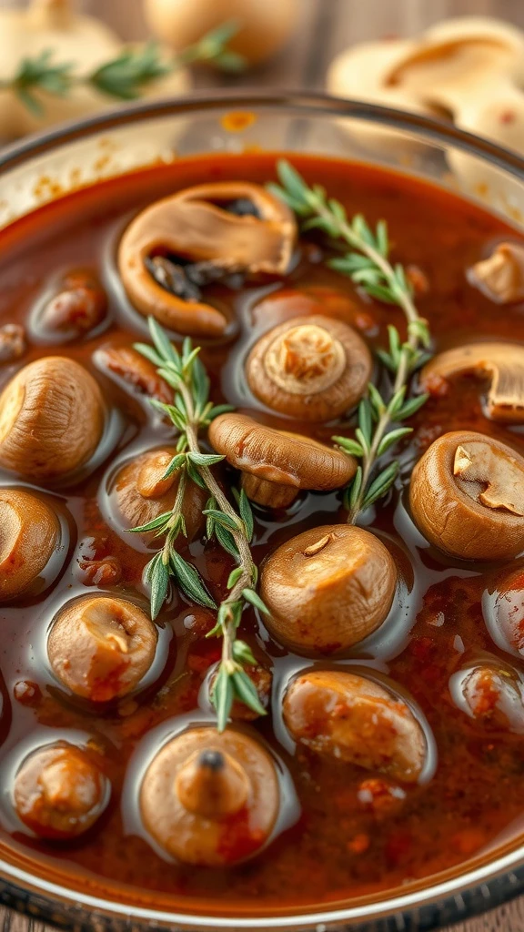 A bowl of mushroom and thyme BBQ sauce with fresh herbs.