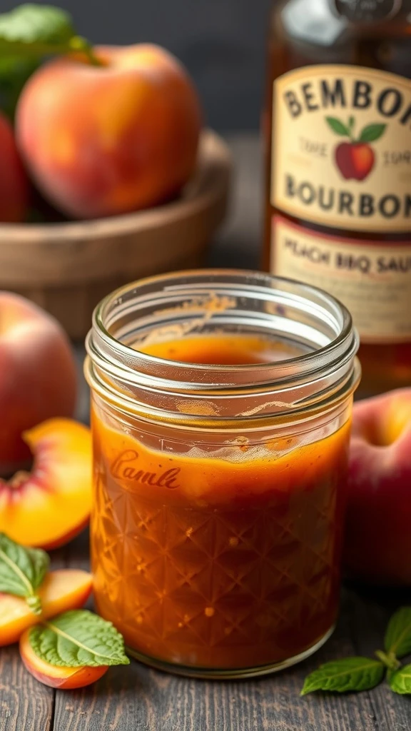 A jar of peach bourbon sauce surrounded by fresh peaches.