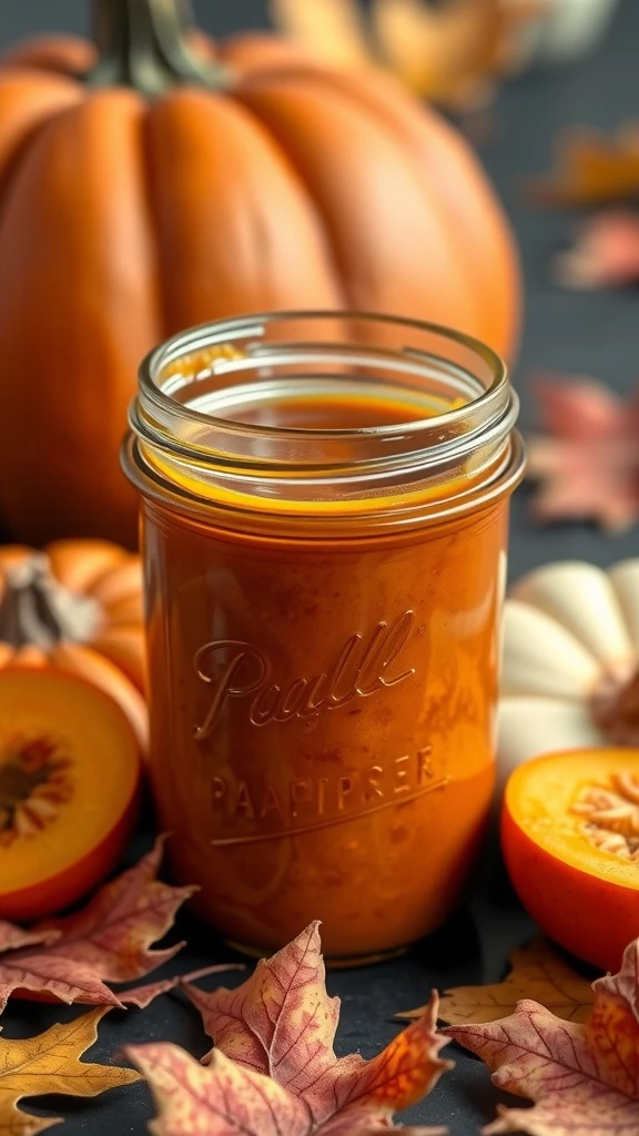 A jar of pumpkin spice BBQ sauce surrounded by pumpkins and autumn leaves.