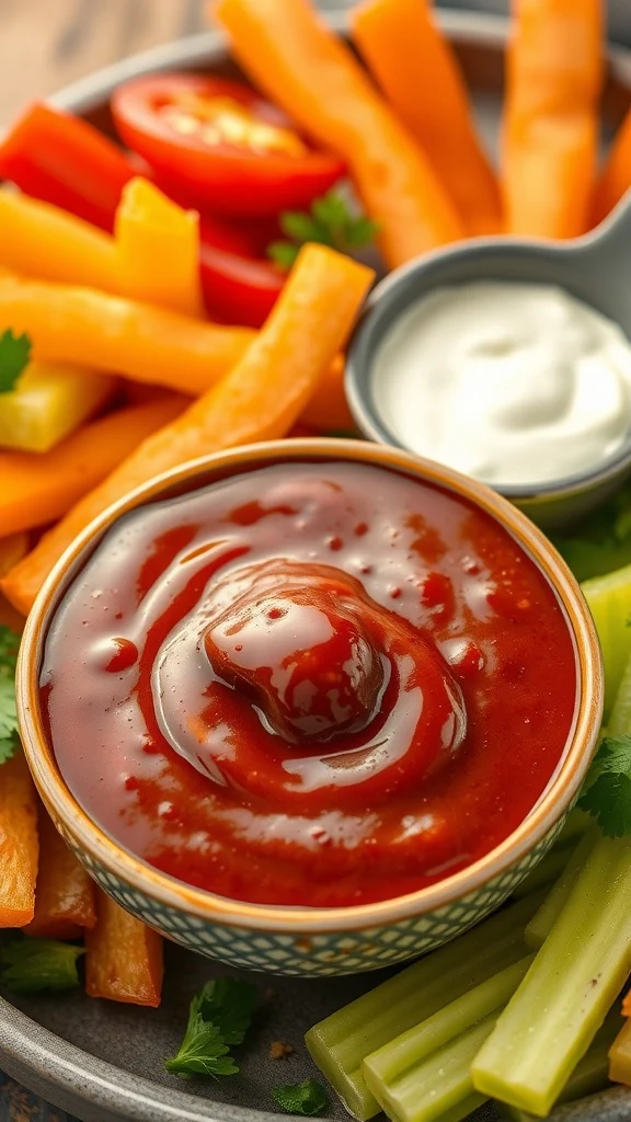 A bowl of Ranch BBQ Sauce surrounded by colorful vegetable sticks.