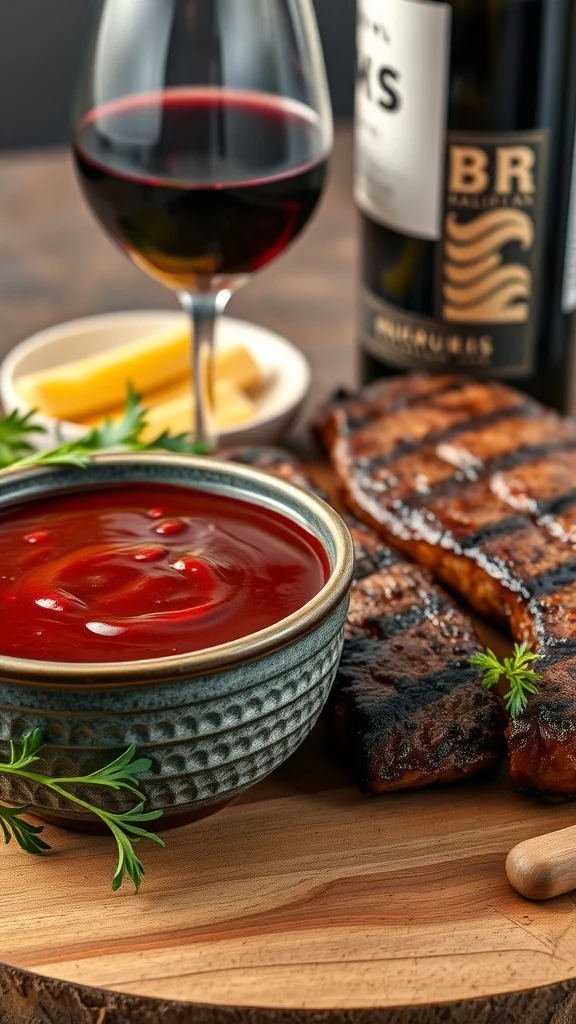 A bowl of red wine sauce next to grilled meats and a glass of red wine.