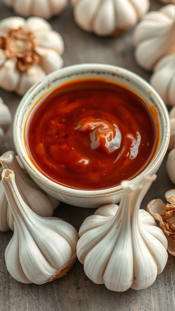 A bowl of rich roasted garlic BBQ sauce surrounded by fresh garlic heads.