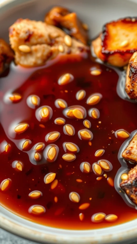 A bowl of sesame ginger BBQ sauce with sesame seeds.